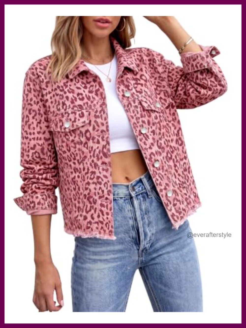 Leopard Cheetah Print Denim Jacket Frayed Hem Stretch Cotton Casual